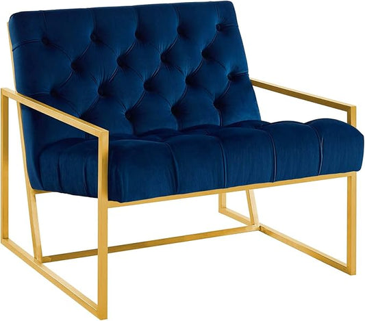 Modway Bequest Performance Velvet Upholstered Accent Lounge Arm Chair with Gold Stainless Steel Frame in Navy