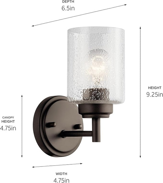 Kichler Winslow 9.25" 1-Light Wall Sconce with Clear Seeded Glass in Olde Bronze for Bathroom Vanity, Kitchen, Living Room, Dining Room, Bedroom, Mudroom, Hallway, Stairwell, 45910OZ