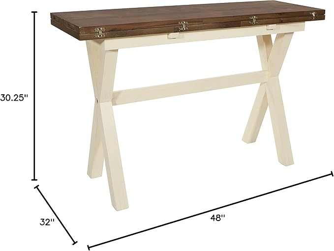 OSP Home Furnishings Albury Farmhouse-Style Flip Top Table with Two-Tone Finish, Antique White Base and Wood Stain Top