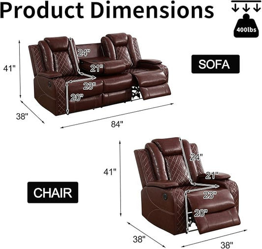 Power Leather Recliner Sofa Set with LED Light,Reclining Sofa and Chair Set with Coffee Table/USB Charger/Storage,Leather Couch for Living Room Furniture Sets(3+1 Seats,Burgundy)