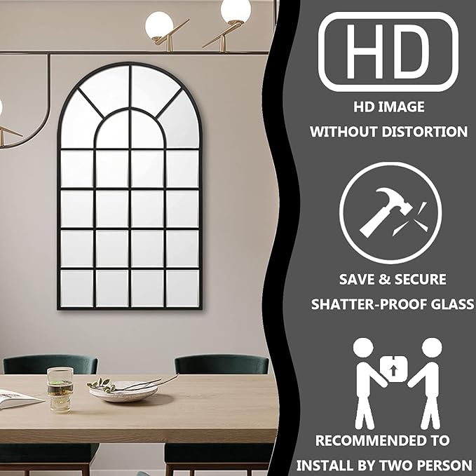 Black Arched Window Mirror, Large Window Pane Mirror with Beveled, Metal Framed Windowpane Mirrors, 28.5" X 50" Arched Wall Mirrors for Wall Decor, Entryway, Living Room