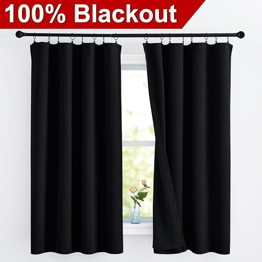 NICETOWN Complete 100% Blackout Curtains, Thermal Insulated & Energy Efficiency Window Draperies with Black Liner, Noise Reducing Drapes for Kids (Black, 52 inches W by 63 inches L, Double Panels)