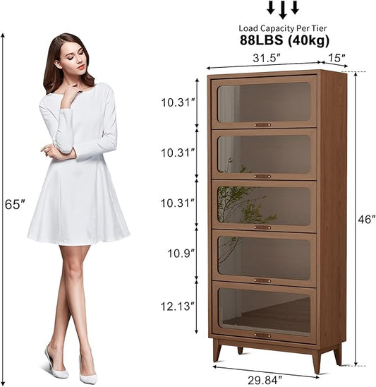 70''H Solid Wood Bookcase with 5 Shelves and Tempered Glass Flip-Up Doors, Bookshelves Finish Cube Storage Organizer, Versatile Bookshelf Pantry Cabinet(Without Lights) Natural Wood