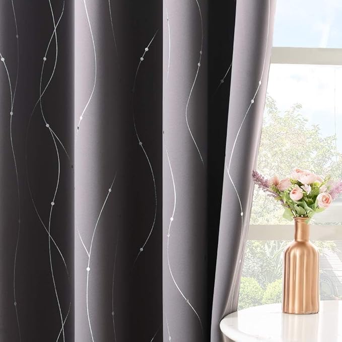 NICETOWN Blackout Curtains for Bedroom, Foil Printed Wave Lines with Dots Energy Saving Thermal Insulated Solid Grommet Blackout Draperies for Patio (1 Pair, 52 inches by 95 Inch, Grey)