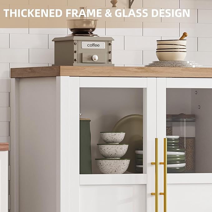GarveeHome Sideboard Buffet Cabinet with 2 Glass Doors, 29.5 in Buffet Table Coffee Bar Wine Bar Display Cabinet for Kitchen Dining Room, Living Room (Glass with 2 Doors, White)