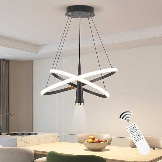Modern LED Chandelier, Dimmable 20in Black Kitchen Pendant Light Fixture Dining Room Lights Ceiling Hanging, 2 Ring Round Chandeliers for Bedroom Living Room Staircase Over Table (3360lm)