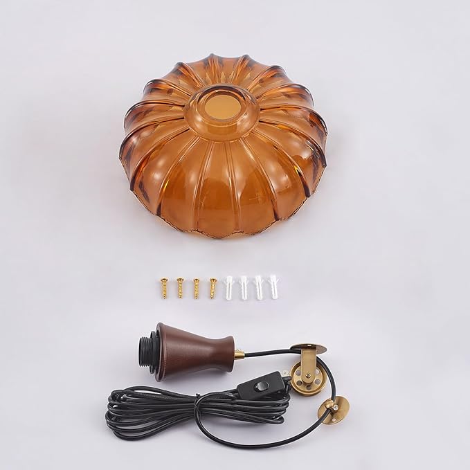 YLONG-ZS Vintage Hanging Lamp Plug in Hanging Light,Modern Flower Glass Pendant Light Plug in Walnut Wood Holder,Hanging Lamps with Pulley for Kitchen Island, Bedroom, Dining Room, Living Room,Corner