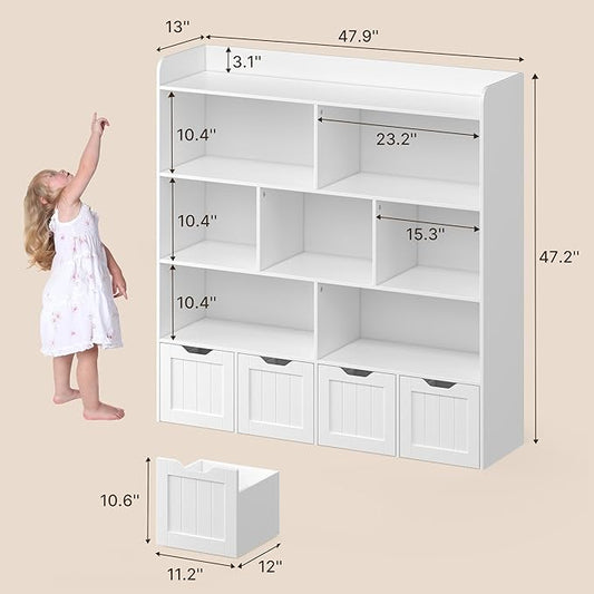 Gizoon Toy Storage Cabinet and Kids Bookcase with 4 Movable Drawers and 8 Open Shelves Toy Chest Shelf Organizer with Hidden Wheels for Playroom Nursery Kids Room, White