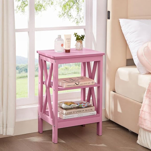 VECELO End Table Set of 2, Bedside Table, 24" Tall Living Room End Tables, X-Design Reinforced Nightstands, Side Table with 3-Tier Storage Shelves for Small Spaces, Office, Bathroom, Bedroom, Pink