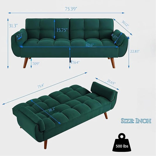 Convertible Futon Sofa Bed, Modern Futon Couch with 2 Pillows, Small Futons Couch with Adjustable Armrest & Backrest, Loveseat Sofa Bed for Living Room, Bedroom, Green