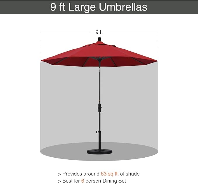 California Umbrella 9' Round Aluminum Pole Fiberglass Rib Market Umbrella, Crank Lift, Collar Tilt, White Pole, Red Olefin