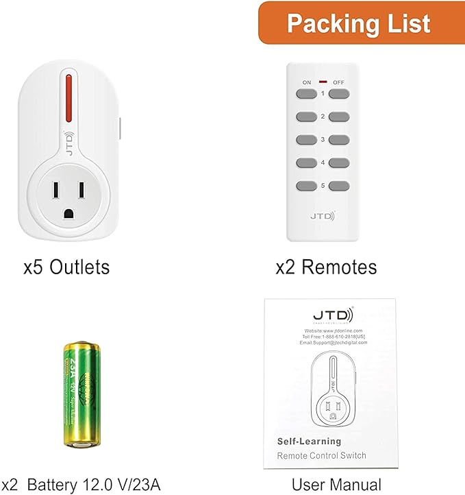 JTD 5X2 Wireless Remote Control Outlet Switch Smart Outlet Plug Energy Saving for Household Appliances, Lamp, Light, Fixture, Electrical Equipment, up to 100ft Long Range, Strong RF Signal (5 Pack)