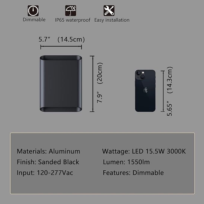Wall Lights for Bedroom Up and Down Indoor Wall Light, Outdoor Wall Sconces LED Dimmable, 7.8 Inch Modern Porch Light, IP65 Waterproof Wall Lamp for Yard,120-277V,15.5W 3000K CRI90+ (Black)