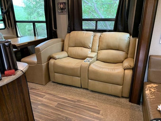 RecPro Charles 64" Powered Recliner RV Sofa with Console and Cupholders | Zero Wall Loveseat for Camper | Wall Hugger Couch with Upgraded 2023 Fabric (Toffee)