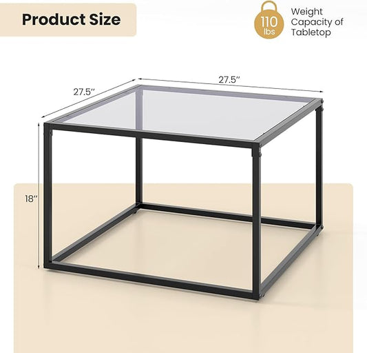 Giantex 27.5" Square Coffee Table - Tempered Glass Center Table w/Metal Frame, Modern Accent Table for Small Space, Living Room, Home, Office, Easy Assembly (1-Tier, Gray)