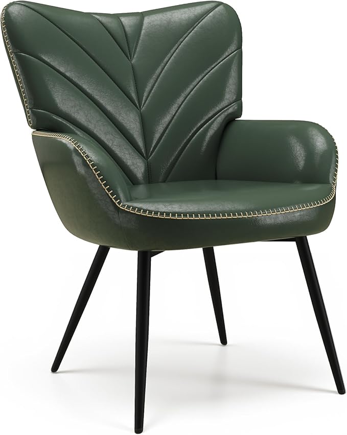 Mid-Century Modern Green Faux Leather Accent Chair, Upholstered Armchair for Living Room/Bedroom/Reading Corner, Curved Back & Padded Arms, High-Density Cushion, Metal Legs, Easy-to-Clean Design