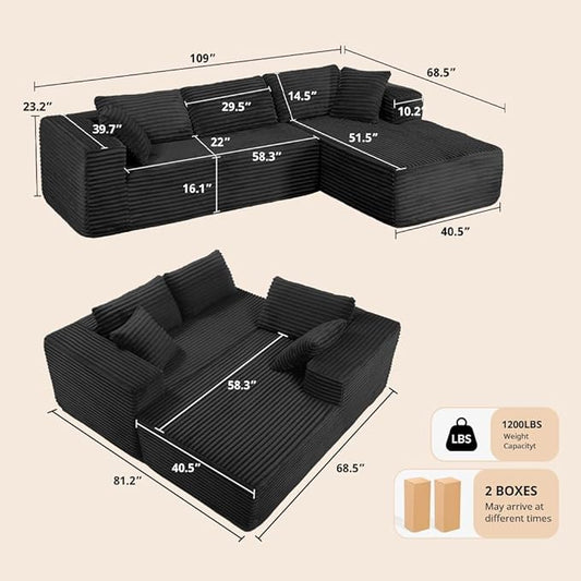 COMHOMA 105”Modular Sectional Sofa with Deep Seat,Cloud Upholstered L-Shape Couch Wide Arms Corduroy Fabric High-Density Foam Chaise Lounge for Living Room No Assembly Required