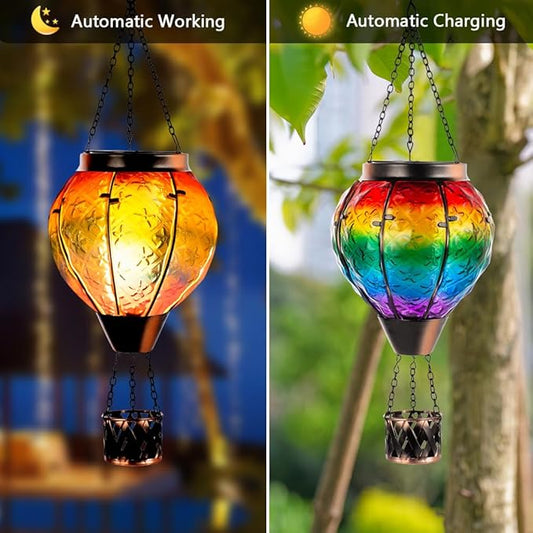 DREAMSOUL Rainbow Hot Air Balloon Solar Lantern, Metal & Glass Solar Lantern with Flickering Flame, Hanging Solar Lanterns Outdoor Waterproof for Lawn, Patio, Tree Decor