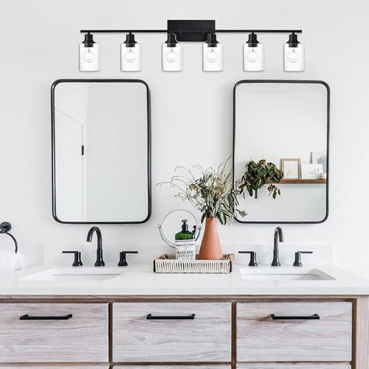 VINLUZ Bathroom Vanity Light Fixtures,6 Light Matte Black Modern Metal Base Wall Sconce Lighting with Clear Glass Shade Wall Mounted Lamp for Mirror