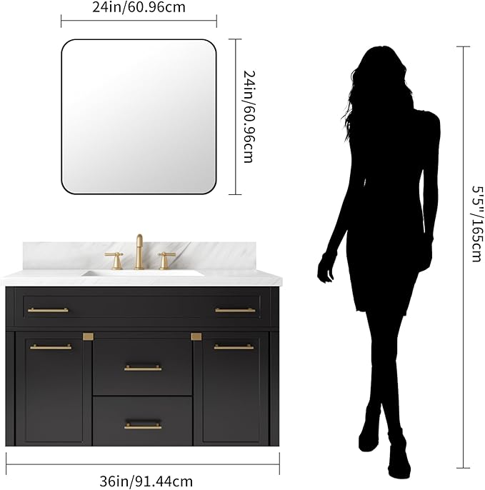 KOCUUY Square Bathroom Mirror, 24"x24" Black Rectangle Vanity Mirror, Black Metal Frame Mirror with Rounded Corner for Bathroom, Bedroom, Living Room, Entryway