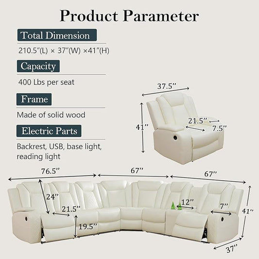 Power Recliner Sectional Sofa Set, Creamy Leather Sectional Couch and Chair for Living Room, L Shape Reclining Sofa with Cup Holder, Hidden Storage, Coffee Table for House(7 Seat)