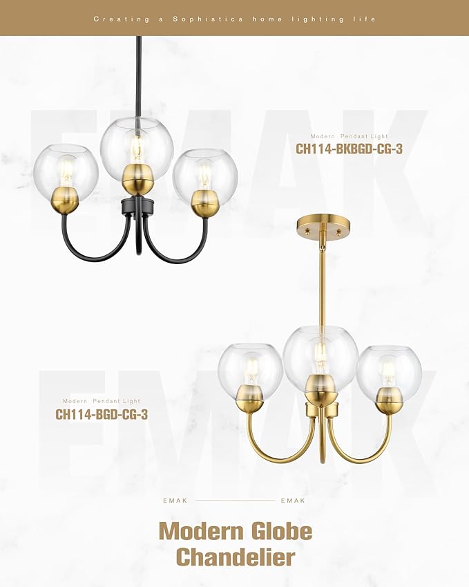 Emak 3-Light Black and Gold Dining Room Chandeliers, Modern Pendant Lights with Globe Glass Shade, Farmhouse 20 Inch Chandelier for Living Room, Entryway, Bathroom, Bedroom, Kitchen, CH114-BKBGD-CG-3
