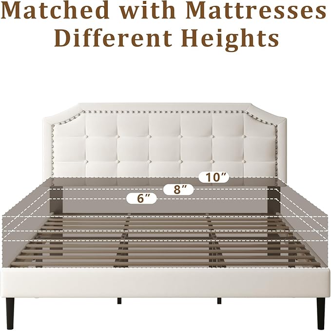 King Size Bed Frame, King Size Platform Bed Frame with Upholstered Button Tufted Headboard, Strong Wood Slats, No Box Spring Needed, Mattress Foundation, Easy Assembly Beige