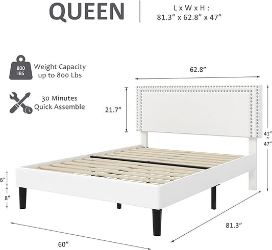 VECELO Queen Size Bed Frame with Adjustable Upholstered Headboard, Wooden Slats Platform, Noise-Free Design, Easy Assembly