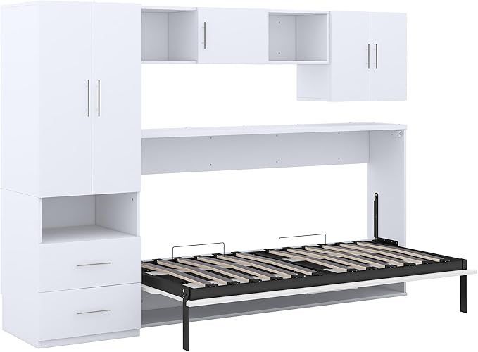 Merax Twin Murphy Bed Cabinet with Storage Wardrobe, Wood Folding Wall Cabinet Bed w/Open Shelves & Drawers, for Guest Room, Home Office, White