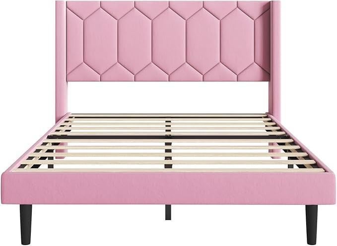 Full Size Bed Frame with Velvet Upholstered Headboard, Platform Bed Frame No Box Spring Needed, Modern Bedframe with Strong Wooden Slats, Pink