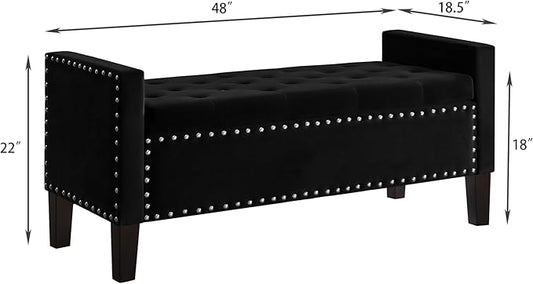 Velvet Storage Ottoman with Armrests, Upholstered Button Tufted Entryway Bench with Nails Trim for Bedroom End of Bed, Living Room,Black