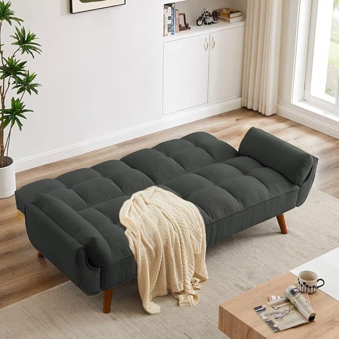 Convertible Futon Sofa Bed, Modern Futon Couch with 2 Pillows, Small Futons Couch with Adjustable Armrest & Backrest, Loveseat Sofa Bed for Living Room, Bedroom, Black