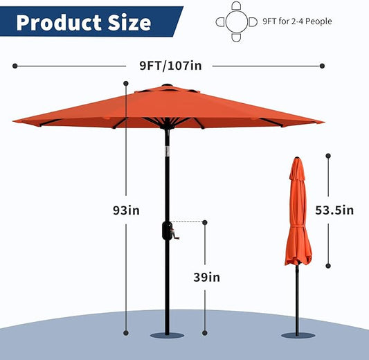 Garvee 9FT Patio Umbrella - Outdoor Table Umbrella with Crank Lift & Push Button Tilt - Market Umbrella 8 Sturdy Ribs UV Protection for Pool, Deck, Yard, Garden - Orange