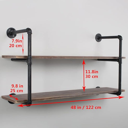 MBQQ Industrial Pipe Shelving Wall Mounted,48in Rustic Metal Floating Shelves,Steampunk Real Wood Book Shelves,Wall Shelf Unit Bookshelf Hanging Wall Shelves,Farmhouse Kitchen Bar Shelving(2 Tier)