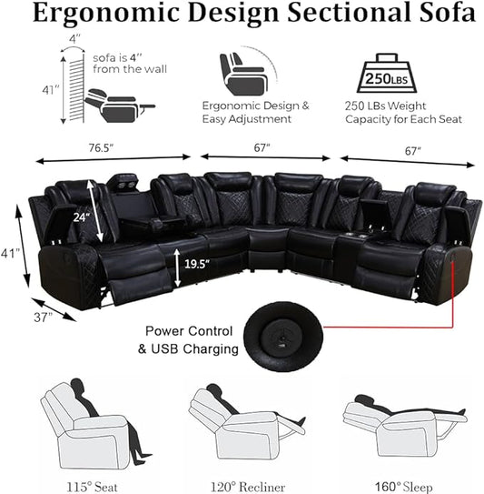 Power Reclining Sectional Sofa with LED, Leather Recliner Couch for Living Room/Home Theater, Sectional Reclining Couches with Wireless Charging/Hide-Away Storage