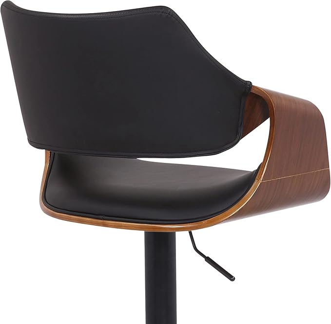 Armen Living Aspen Modern Adjustable Height Swivel Black Faux Leather and Walnut Wood Bar Stool with Black Base for Kitchen Island Counter