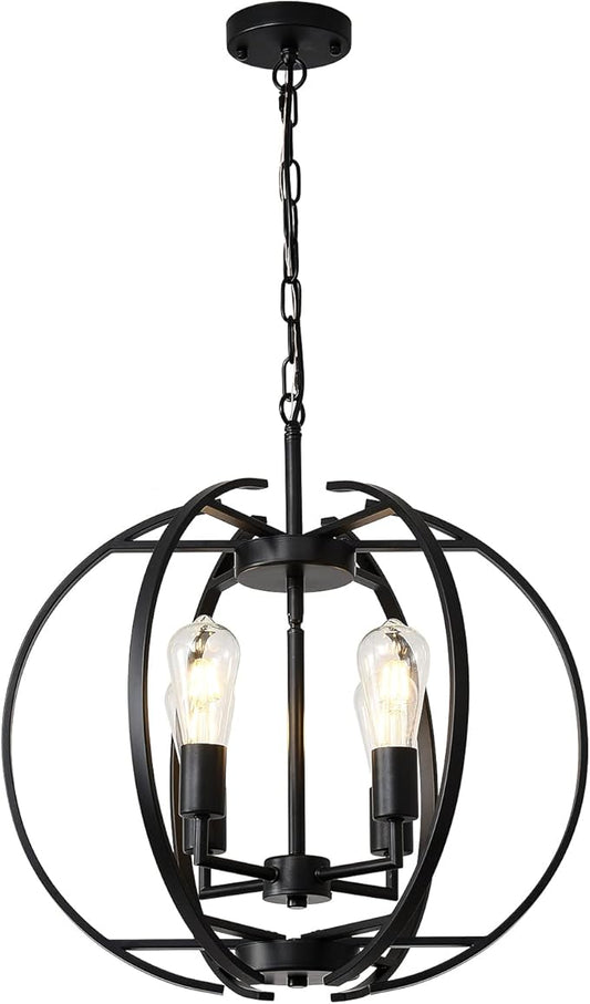Large Lantern Globe Black Chandelier Lighting, Farmhouse Chandelier Adjustable Pendant Lighting Fixtures Hanging Ceiling 4 Light for Kitchen, Dining Room, Living Room, Hallway