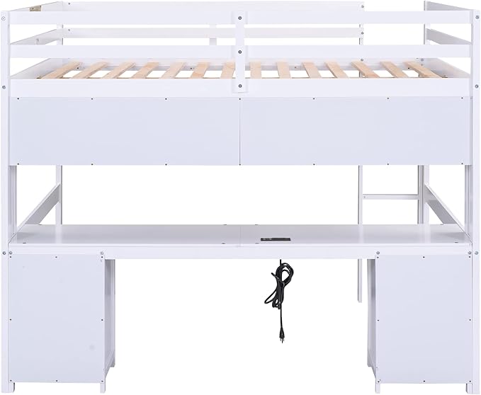 Full Size Loft Bed with Desk, Storage Cabinets, Drawers and Bedside Tray, Multifunctional Full Beds with Plug Outlets & 2 USB Port, White