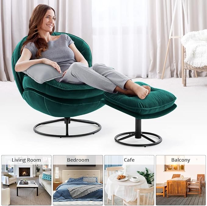 Velvet Swivel Accent Chair with Ottoman Set, Modern Lounge Chair with Metal Base Frame & Footrest, Comfortable Single Leisure Sofa Chair Reading Chair with 360 Degree Swiveling for Living Room, Green