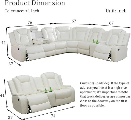 Power Reclinier Sectional Sofa Set,White Leather Reclining Sectional Modular Sofa Set with Loveseat,L Shaped Leather Couch with LED Light for Living Room/House/Apartment/Lounge(L+Loveseat)