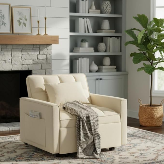 Sleeper Chair, Pull Out Chair Sleeper with Adjustable Back & Pocket, Convertible Chairs Bed Sleepers for Adults, 3 in 1 Sofa Bed Chairs for Small Spaces, Living Room, White