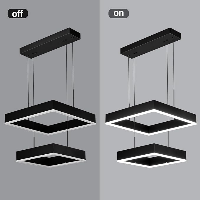 Modern 2 Ring Dimmable Square Black Chandelier with Adjustable Pendant for Dining, Bedroom, Living Room