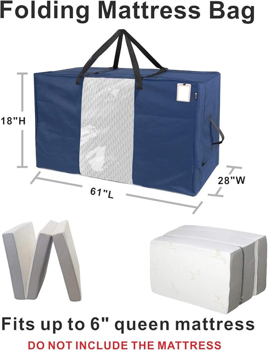 HYPER VENTURE Folding Mattress Storage Bag - Durable Carry Case Fits for Tri-Fold Up to 6 inches Queen Mattress, Navy