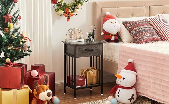 VECELO Night Stand Set 2 with Drawer and Storage Shelf,15.7x11.8x23.6 inches Bedside Table End Table,Wood Nightstands for Bedroom, Living Room,Sofa,Gray,2 Sets