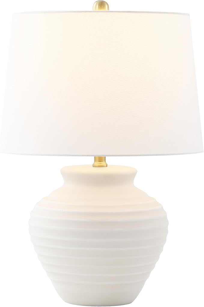 SAFAVIEH Lighting Collection – Ledger Rustic Farmhouse Bone Ceramic Table Lamp with White Drum Shade, 23-Inch Bedroom or Living Room Lamp, LED Bulb Included (TBL4352B)