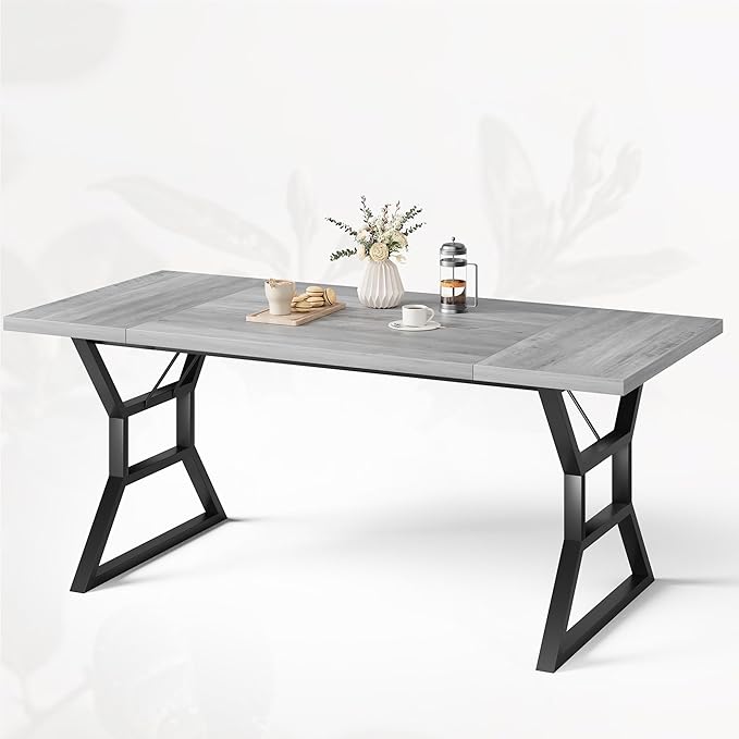 GarveeHome 70.9 in Large Dining Room Table for 6, Rectangular Kitchen Table with Heavy Duty Metal Legs, Farmhouse Wooden Dining Table for Big Family (Grey)