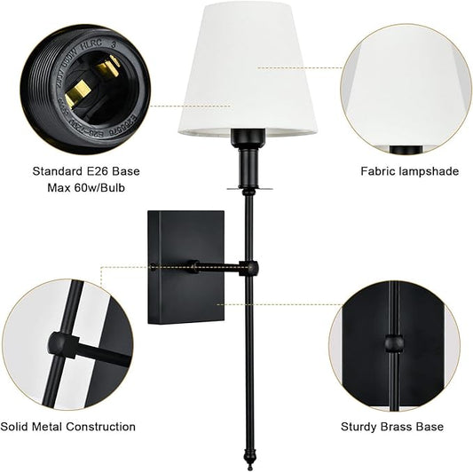 Pauwer Slim Wall Sconce Set of 2 White Fabric Shades Wall Sconce Hardwired Indoor Wall Light Column Stand Bedroom Wall Lamps Bathroom Vanity Light Fixture, Black