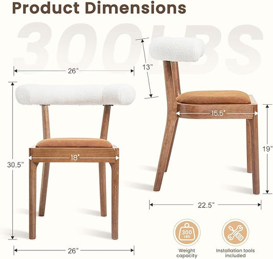 Kmax Dining Room Chairs Mid-Century Modern Leather Kitchen Chairs with Natural Walnut Finished Frame, Fur White Curved Back, 2-Pcs Set, PU Brown