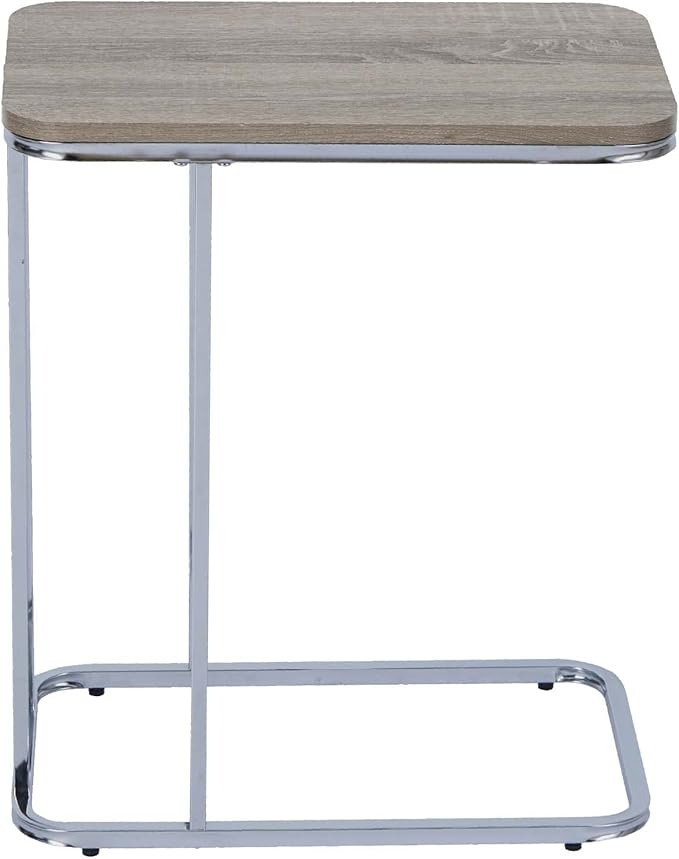Teamson Home Cora 20 Inch C-Table TV Tray End Side Table with Wood Grain Finish Tabletop and Reflective Silver Metal Frame and Base, Brown