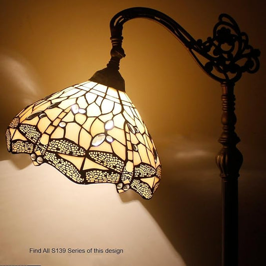 WERFACTORY Tiffany Floor Lamp Cream Stained Glass Dragonfly Arched Lamp 12X18X64 Inches Gooseneck Adjustable Corner Standing Reading Light Decor Bedroom Living Room S139 Series